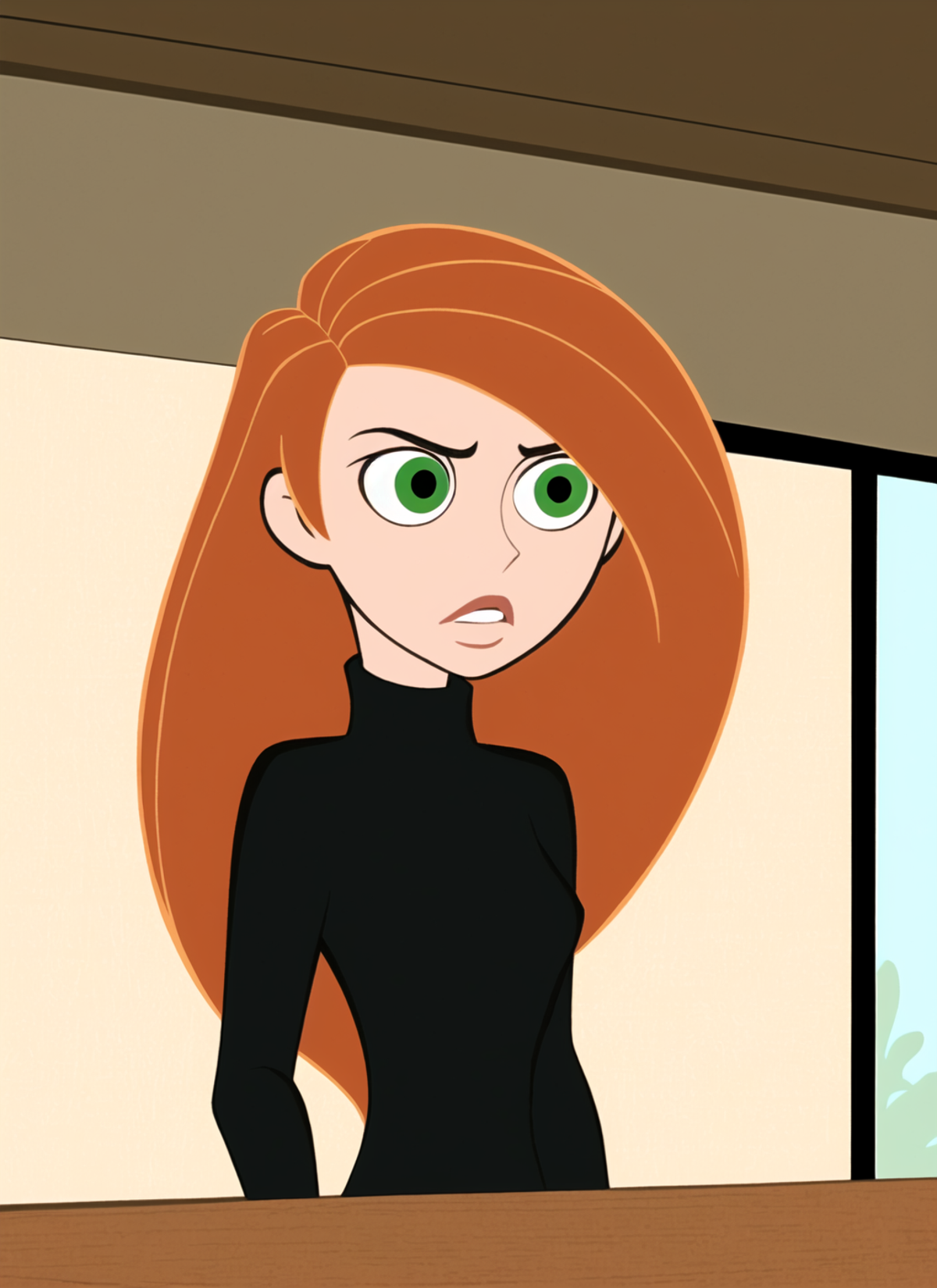 kim possible style, masterpiece, best quality, solo, 1girl, green eyes, long hair, orange hair, upper body, turtleneck, pa...
